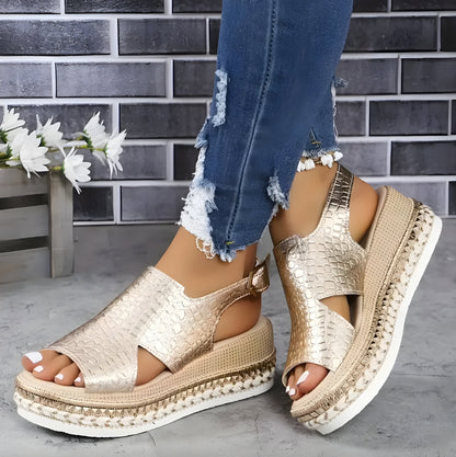 Women's Metallic Gold Sandals Size 38 PU Leather Wedge