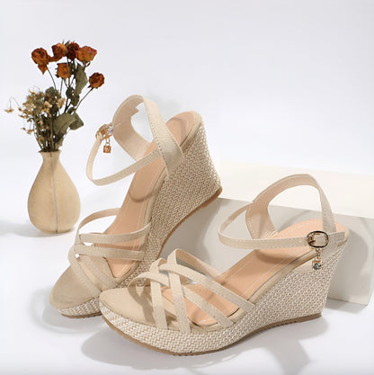 Women's Beige Wedge Sandals Size 38 Synthetic