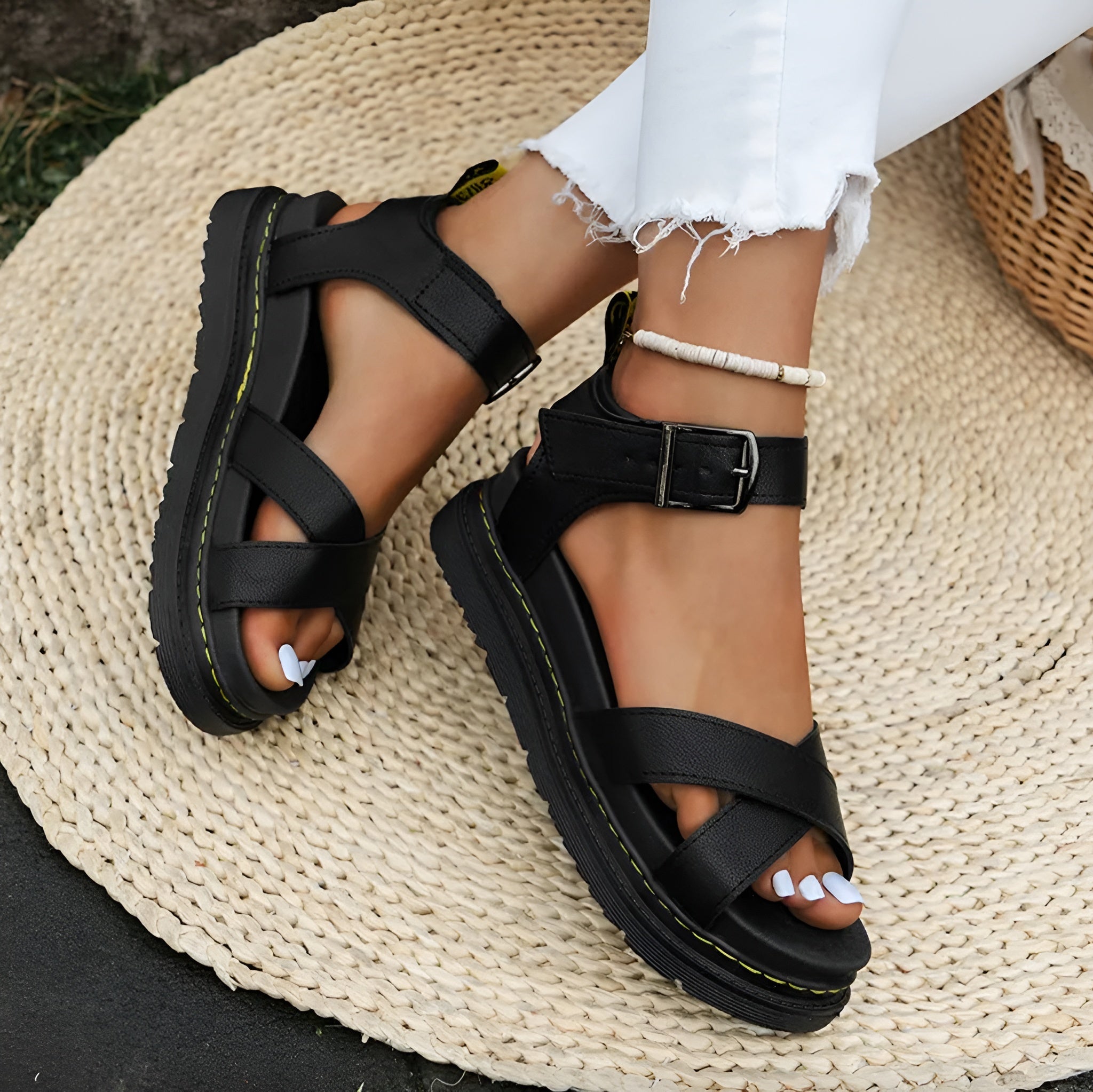 Sandales Femme Noire Taille 38 Cuir Synthétique Semelle Épaisse Confortable