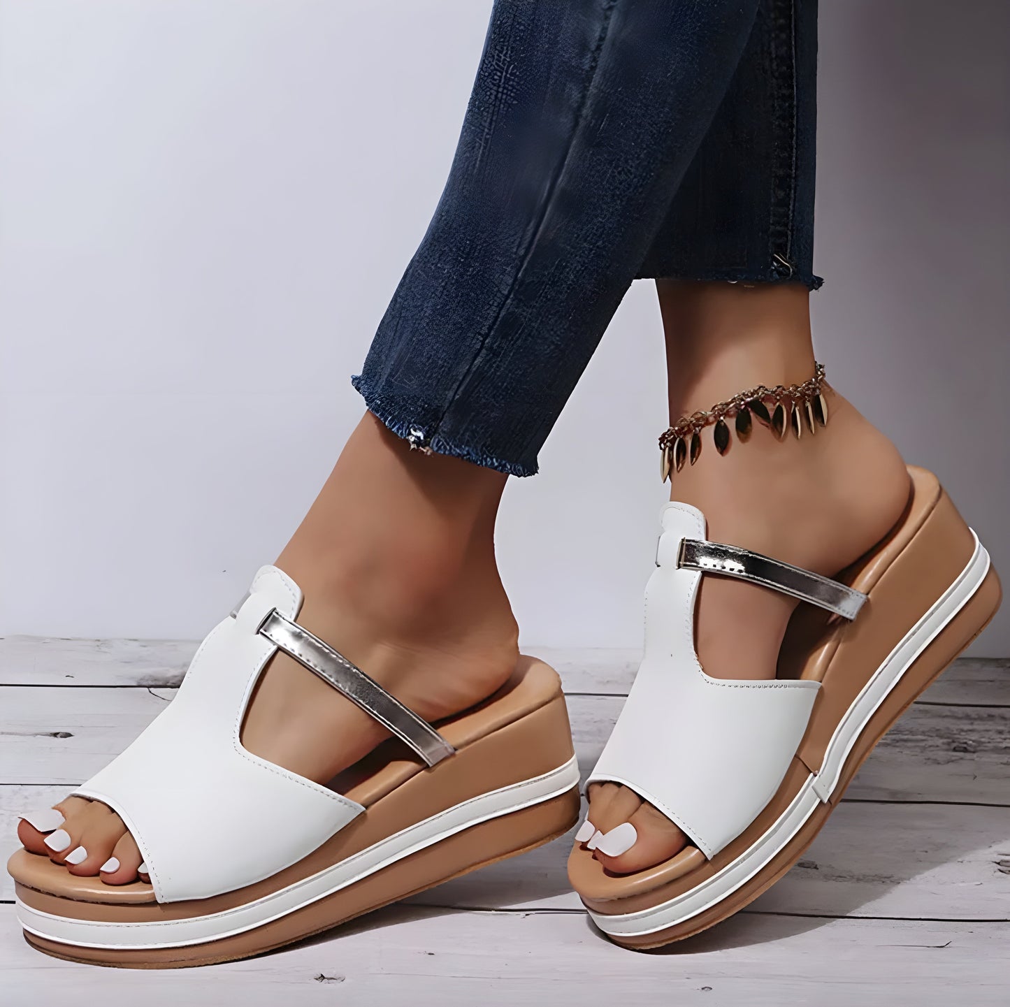 Women's Beige Wedge Sandals Size 38 Synthetic Leather