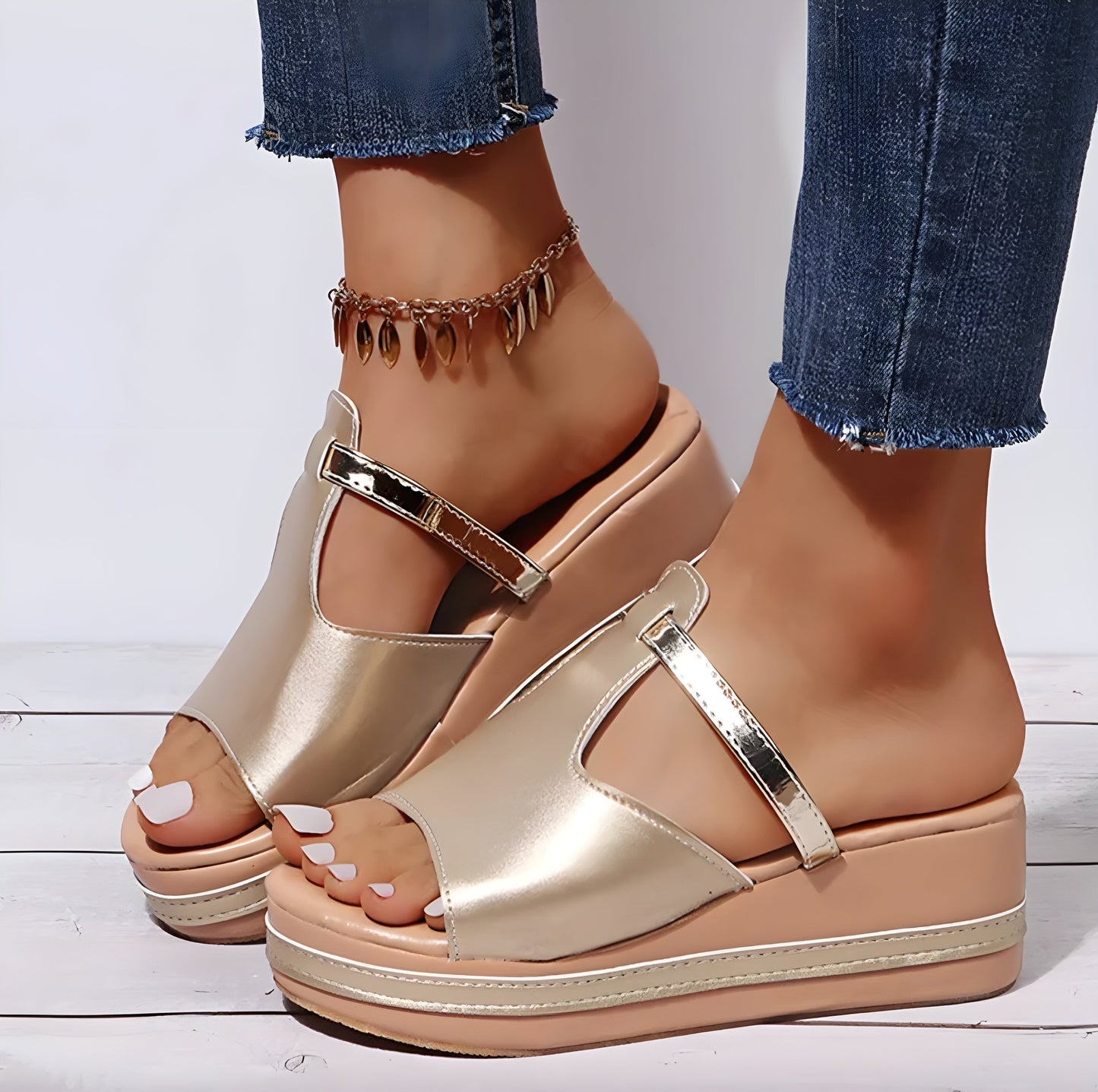 Women's Beige Wedge Sandals Size 38 Synthetic Leather