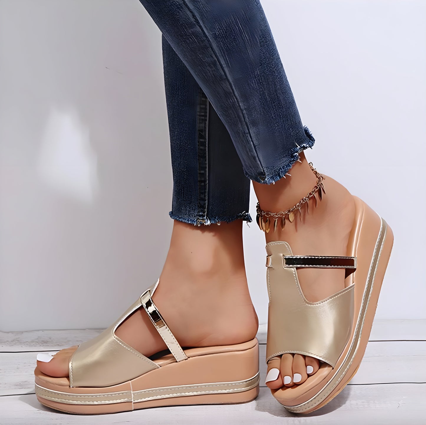 Women's Beige Wedge Sandals Size 38 Synthetic Leather