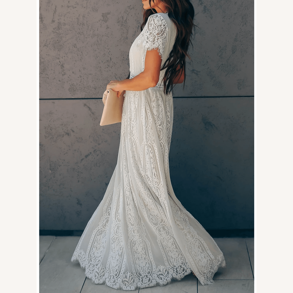 Robe Longue Femme en Dentelle Blanche à Manches Courtes et Col en V – Élégante pour Soirées et Été