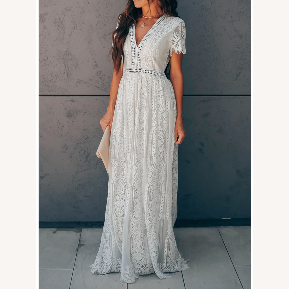 Robe Longue Femme en Dentelle Blanche à Manches Courtes et Col en V – Élégante pour Soirées et Été