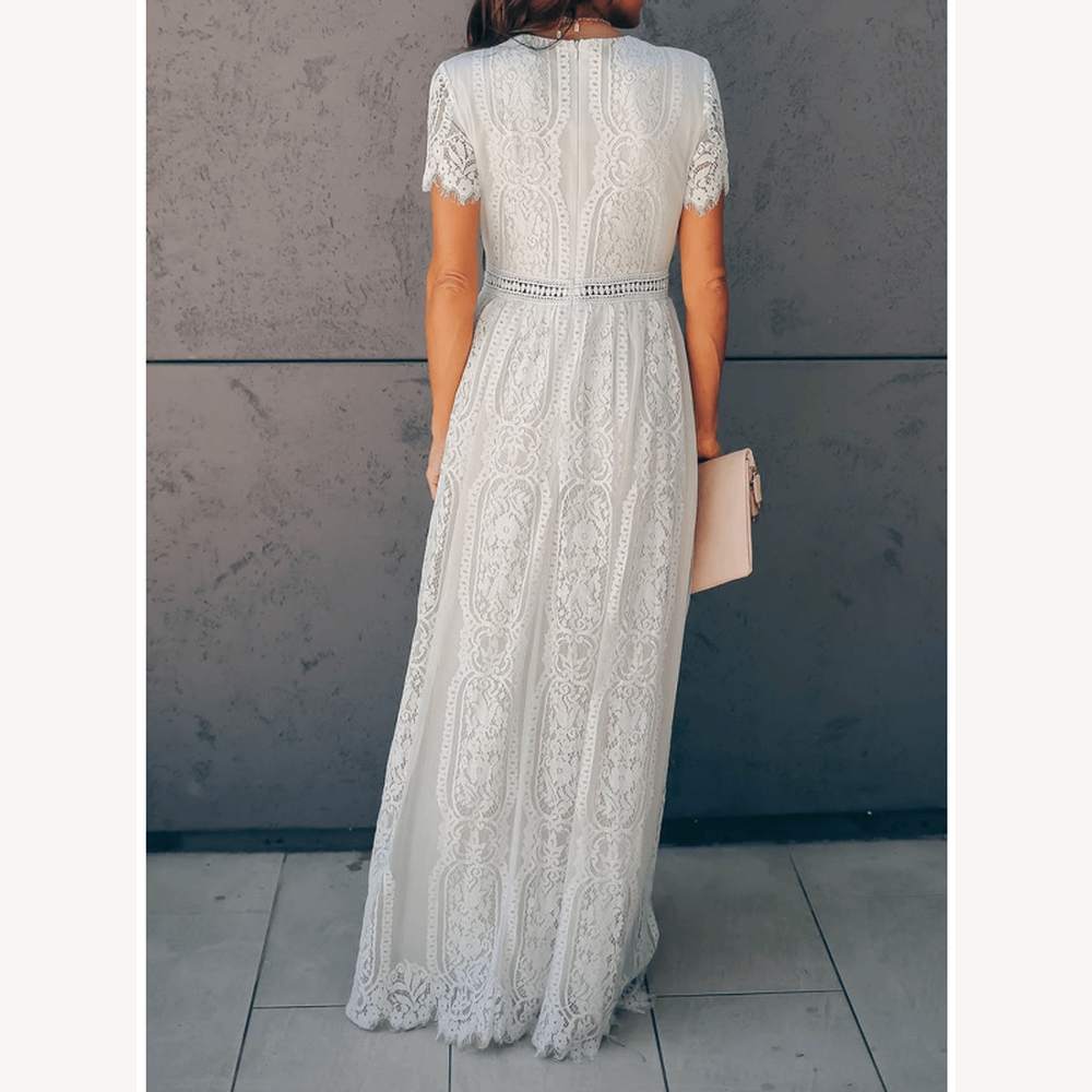 Robe Longue Femme en Dentelle Blanche à Manches Courtes et Col en V – Élégante pour Soirées et Été