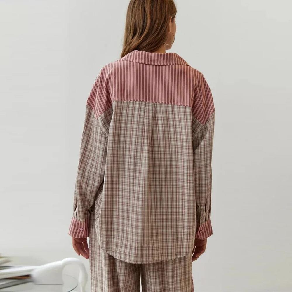 Pyjama Femme Hiver Rayé en Coton et Polyester – Ensemble Chaud et Décontracté pour Détente à la Maison