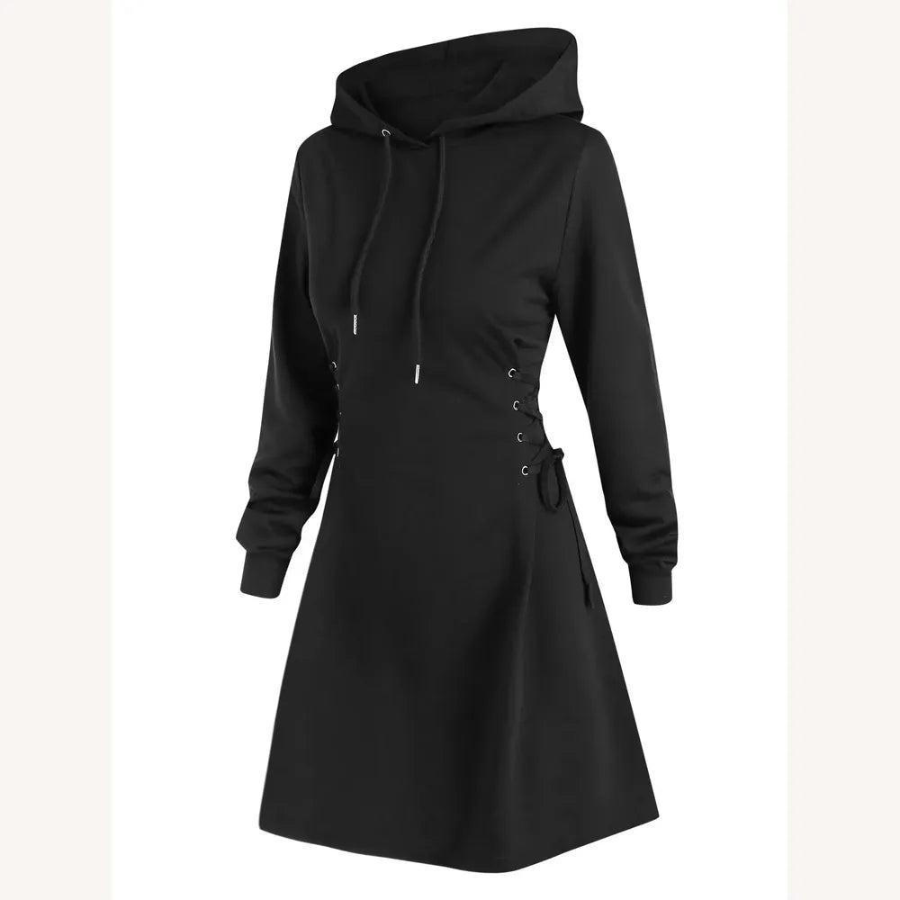 Casual Hooded Dress with Waist Lace-Up – Chic Casual Outfit for Women in Polyester
