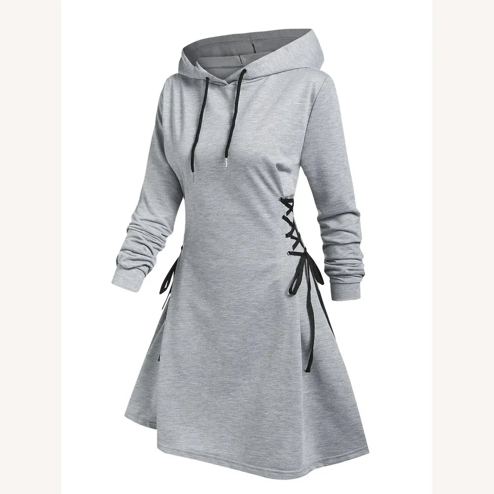 Casual Hooded Dress with Waist Lace-Up – Chic Casual Outfit for Women in Polyester