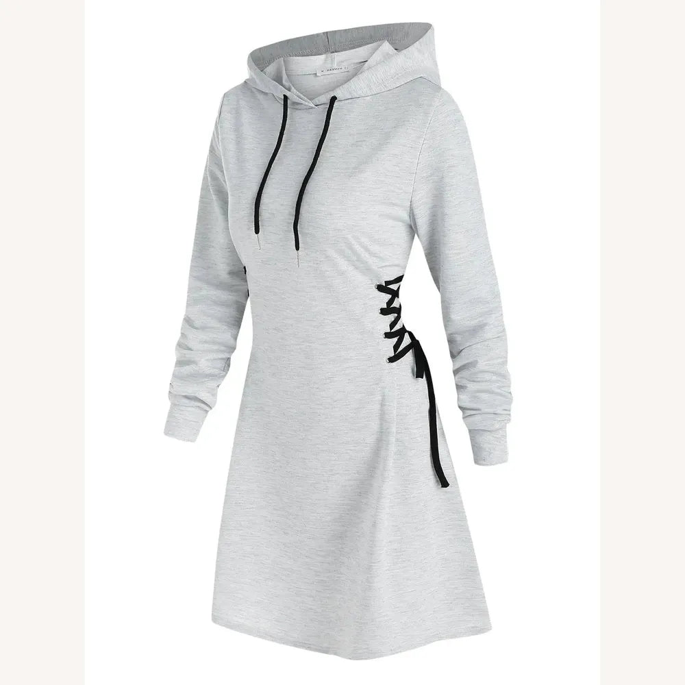 Casual Hooded Dress with Waist Lace-Up – Chic Casual Outfit for Women in Polyester