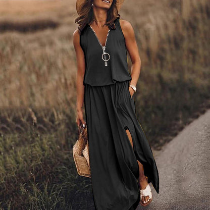 Women's Long Maxi Cotton Dress with V-Neck and Slit Detail – Elegant Black Summer Dress