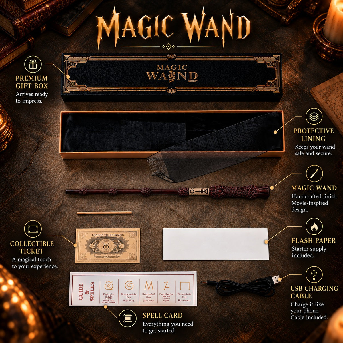 Dumbledore fire magic wand with premium gift box, flash paper, collectible ticket, spell card and USB charging cable
