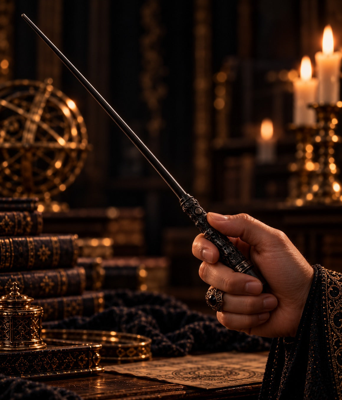 Snape fire magic wand held in hand