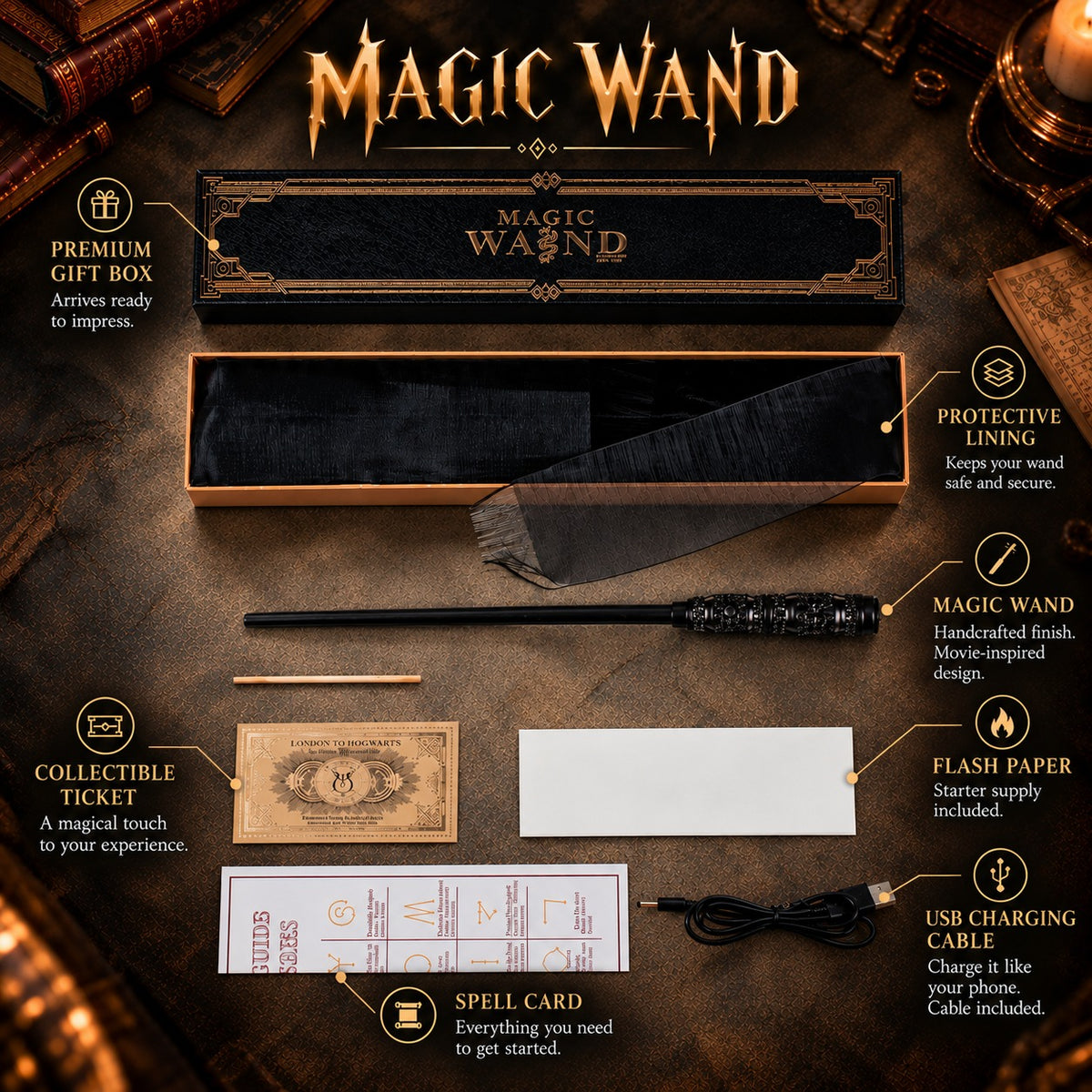 Snape fire magic wand with premium gift box, flash paper, collectible ticket, spell card and USB charging cable
