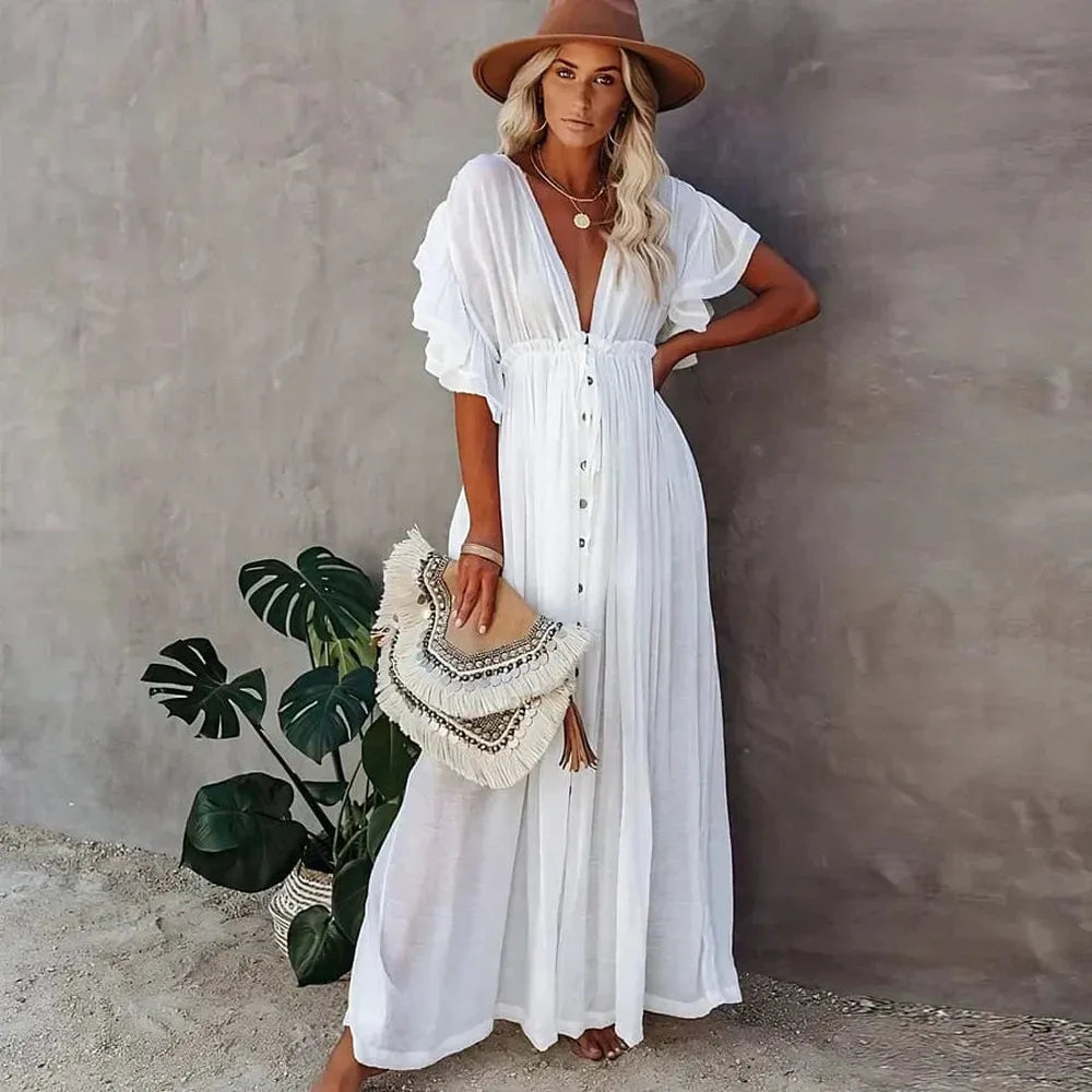 Robe de Plage Femme Blanche Légère et Aérienne – Élégante Tenue de Plage Décontractée pour Été
